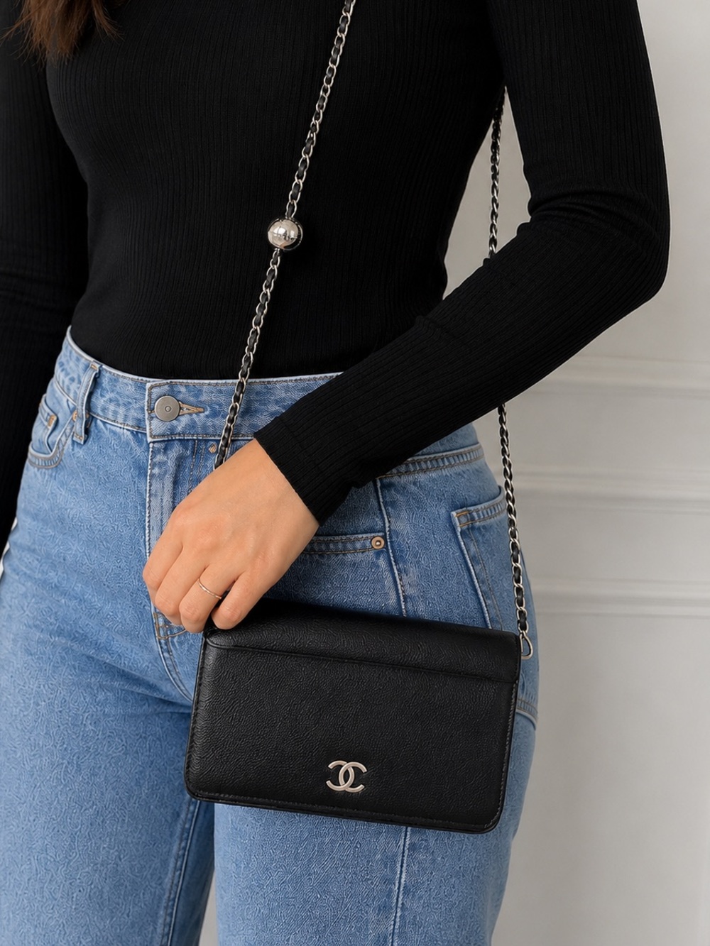 CHANEL Black Leather Crossbody with Silver Chain